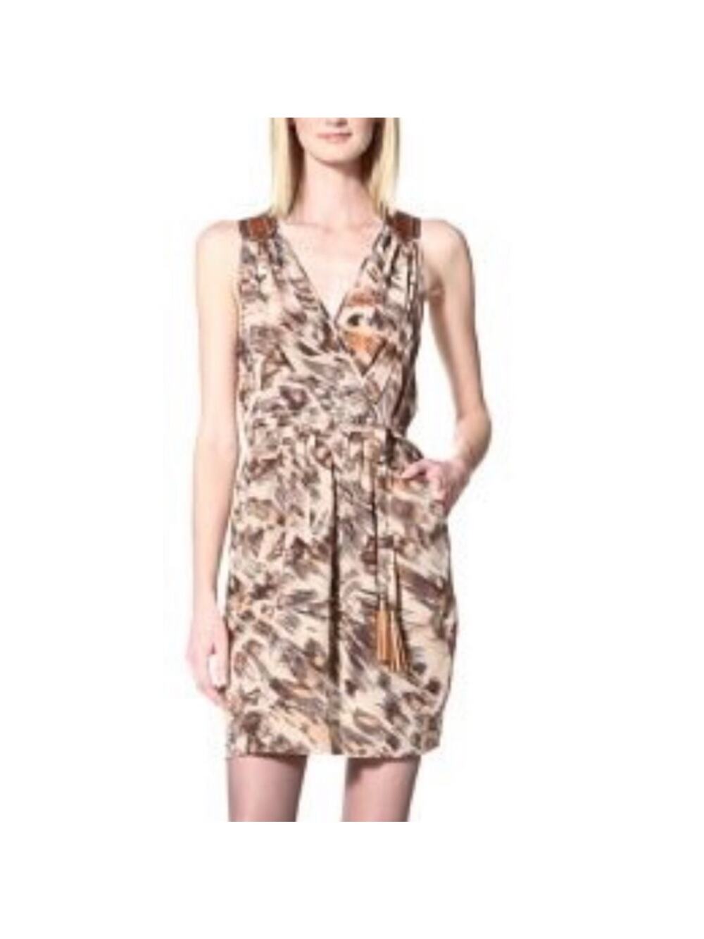 AKIKO REVOLVE Tan Cream Brown Silk Leather Tank Tassel Cheetah Printed Dress XS